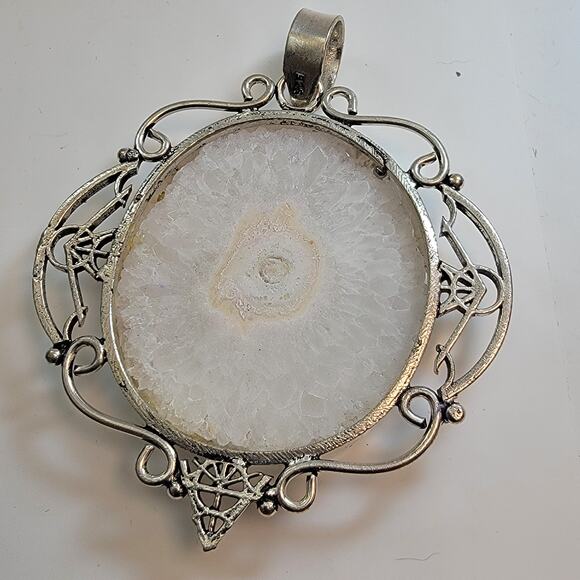 Necklace Pendant Solar Quartz Slice in Handmade Sterling Silver Filigree Setting - Picture 3 of 10